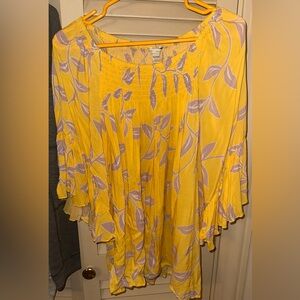 Elegant Flow Yellow and Purple Leaf Print Blouse Size 18/20 Flared Sleeves
